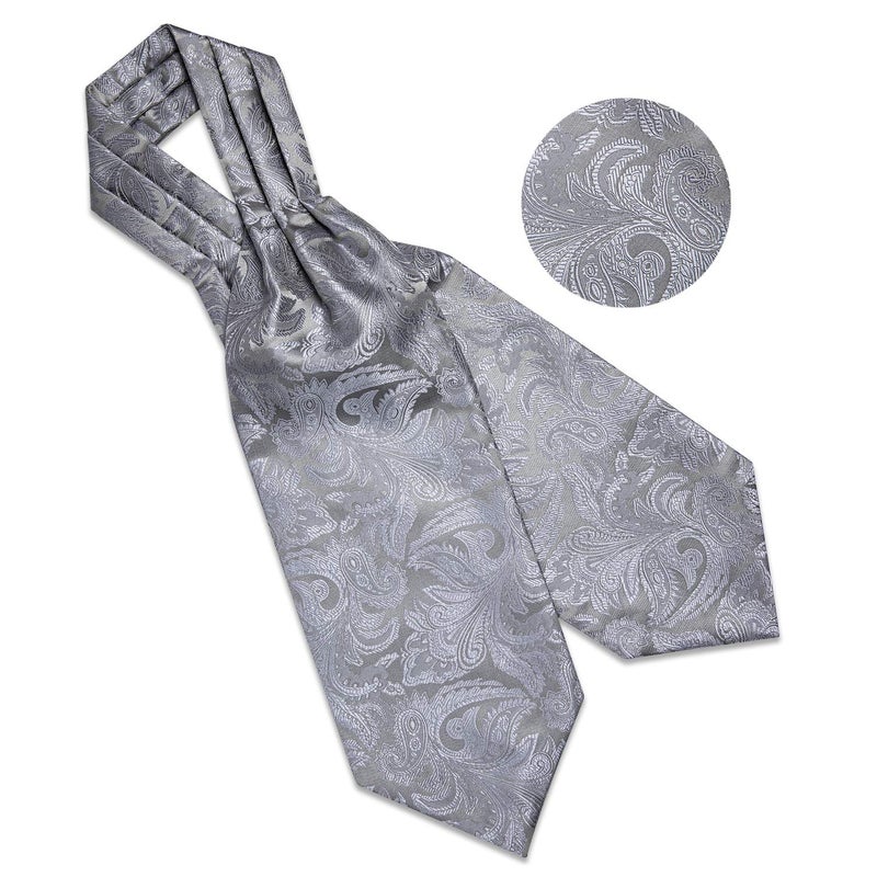 DiBanGu Grey Ascot Ties for Men Cravat Tie and Pocket Square Set Jacquard Silk Ascot Paisley Cravat for Men - Image 5